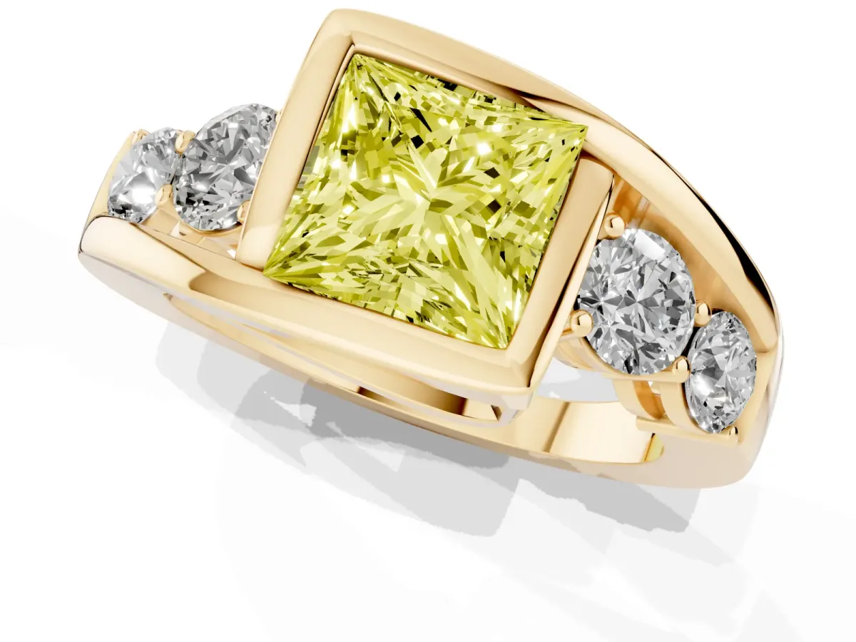 Fancy Yellow Bezel Set Princess Cut Diamond Bypass Ring with Round Accents Yellow gold