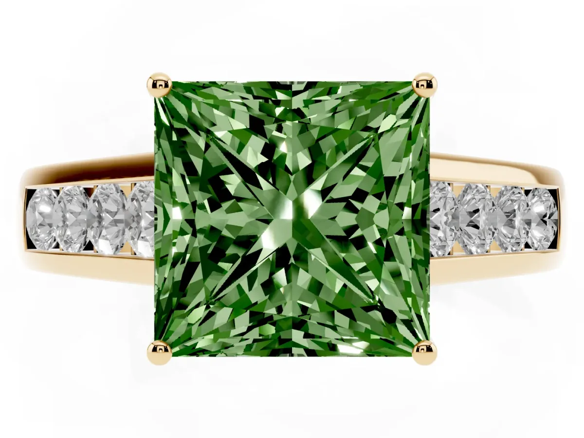 Fancy Green Princess Cut Solitaire Channel-Set Diamond Engagement Ring with Four-Prong Setting Yellow gold