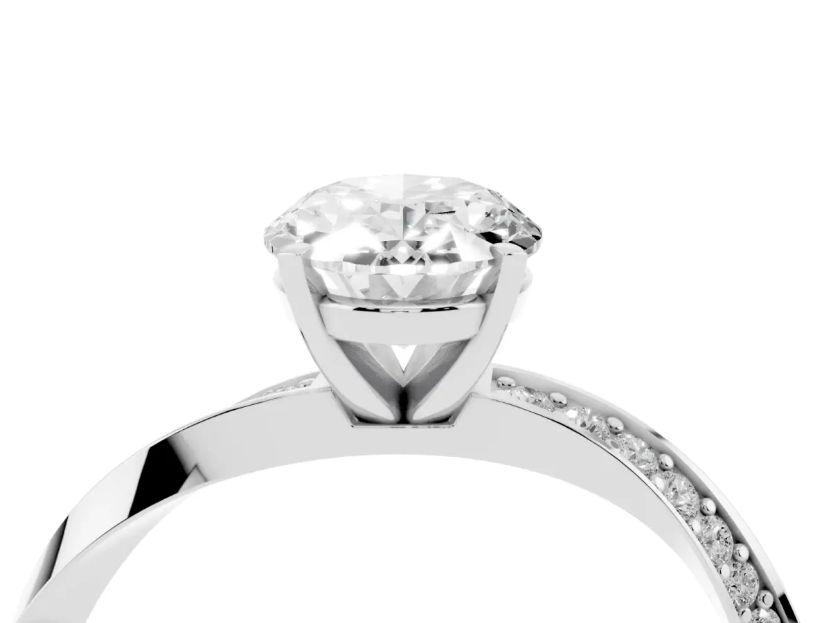 Oval Cut Diamond Engagement Ring with Side Stone Accents and Four-Prong Setting Silver