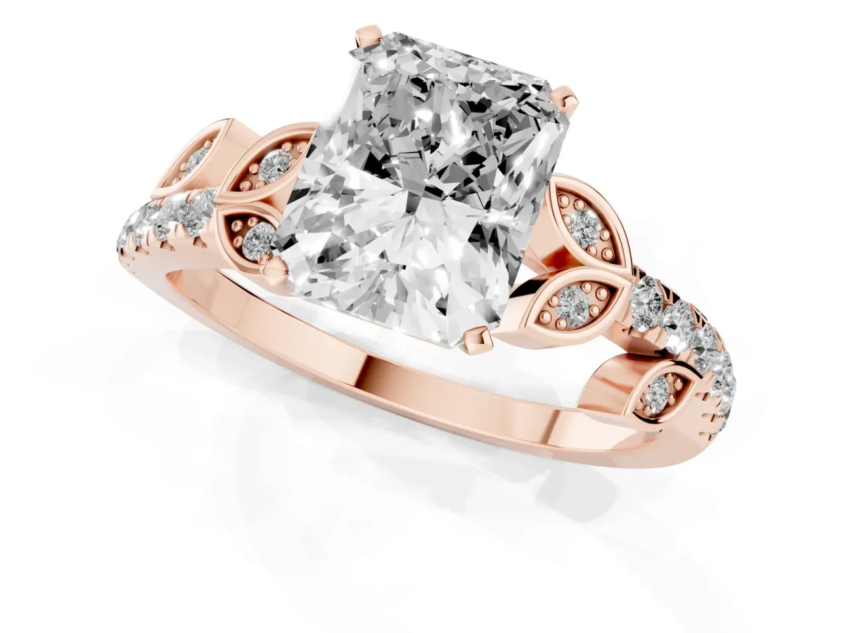 Radiant Cut Solitaire Leaf-Inspired Diamond Ring with Pavé Band and Four-Prong Setting Rose gold