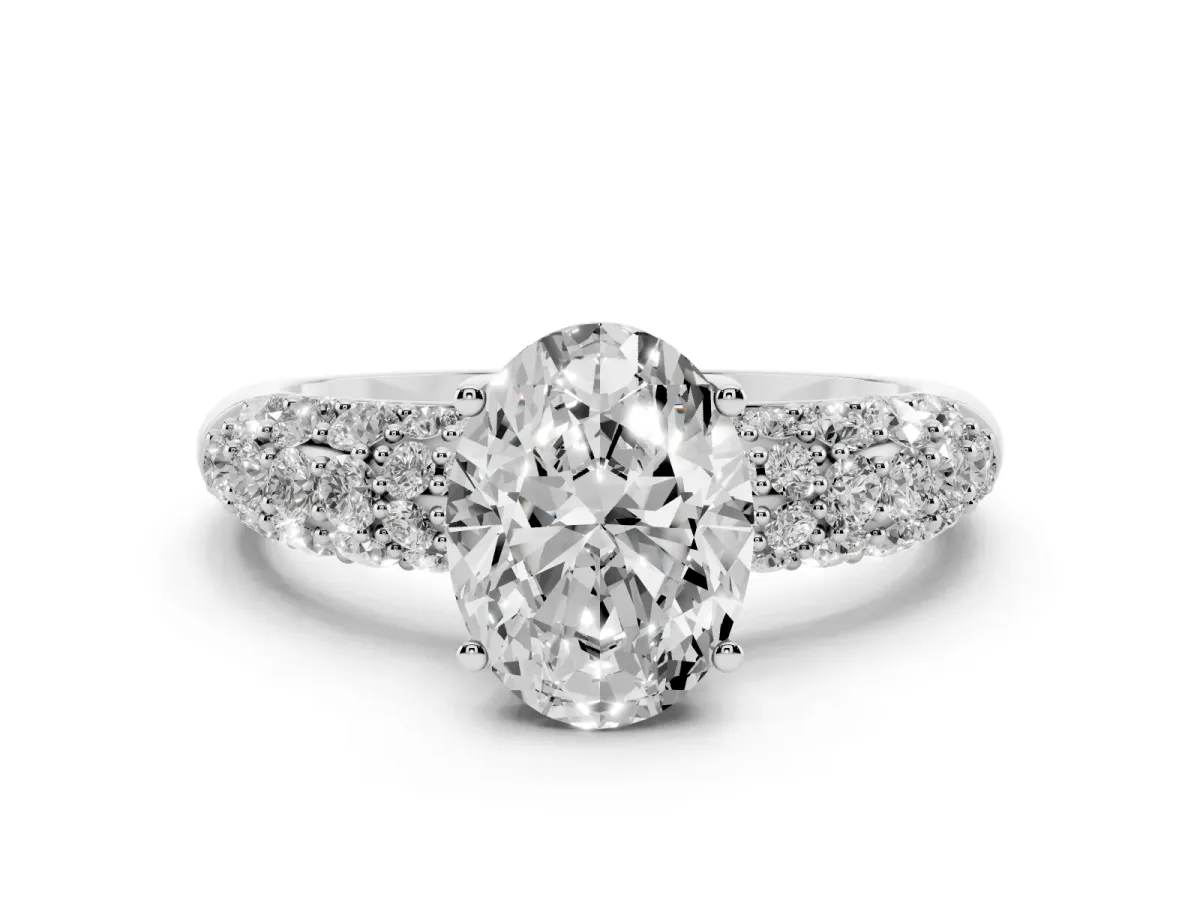 Oval Cut Diamond Pavé Band Solitaire Ring with Four-Prong Setting Silver