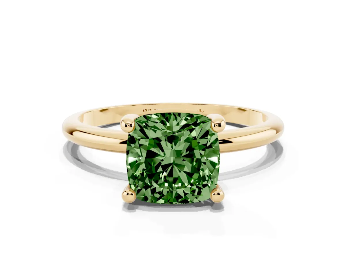 Fancy Green Cushion Cut Solitaire Diamond Ring with 4-Prong Setting on a Classic Band Yellow gold