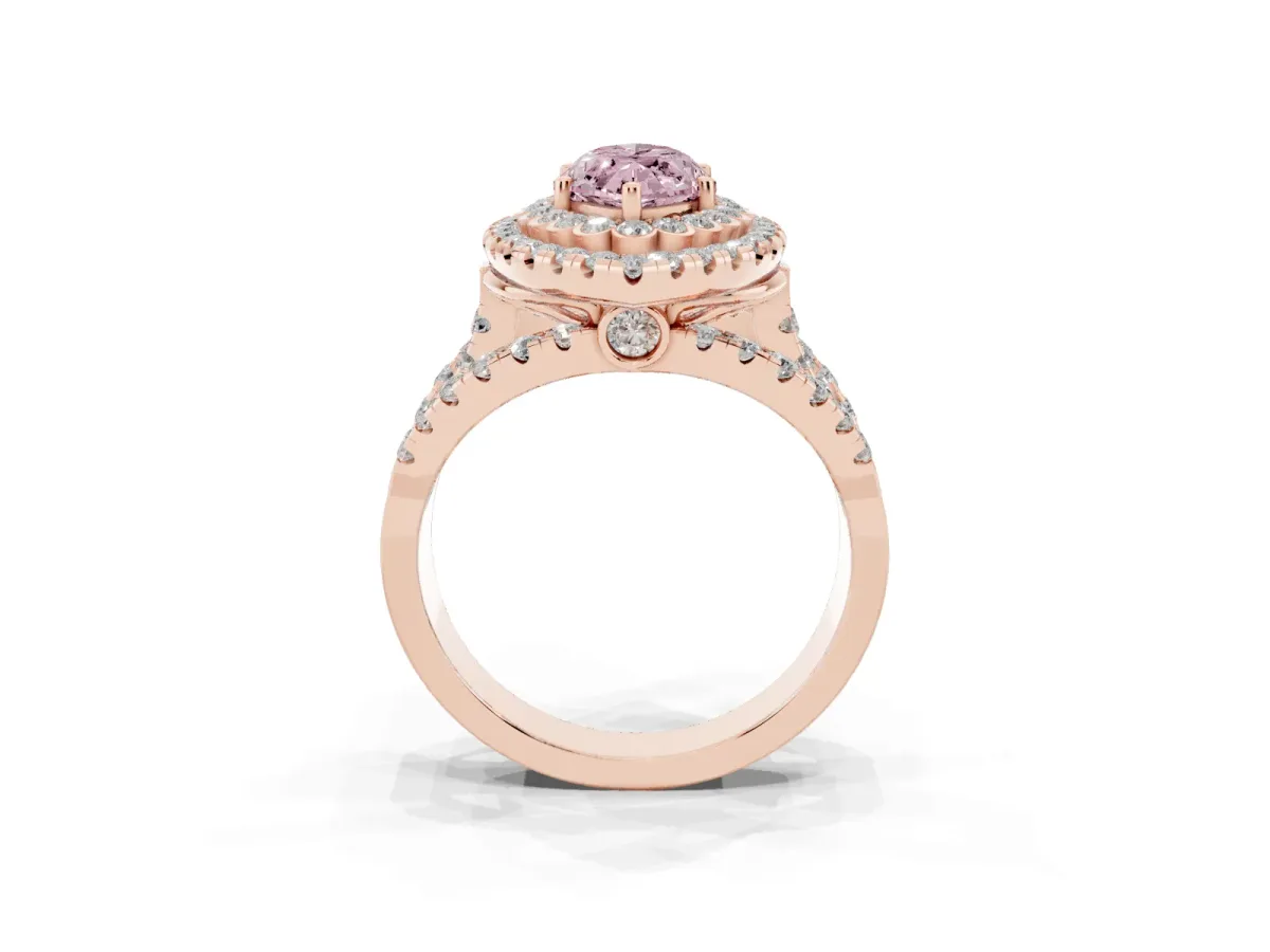 Fancy Pink Marquise Cut Diamond Double Halo Ring with Round Pavé Split Shank and Prong Setting Rose gold