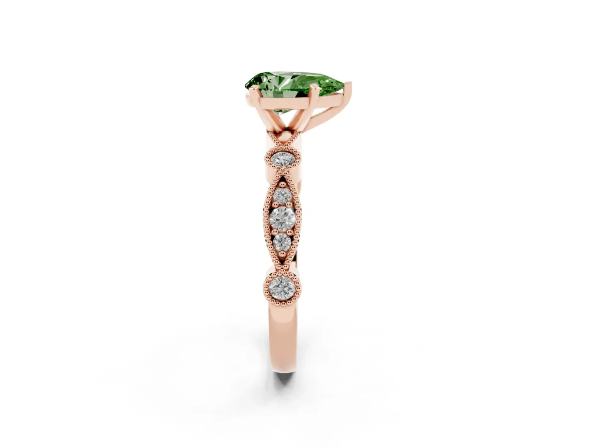 Fancy Green Pear Cut Milgrain Bezel Diamond Engagement Ring with Solitaire Prong Setting Rose gold