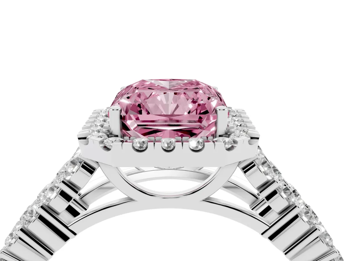 Fancy Pink Radiant Cut Diamond Halo Engagement Ring with Triple Row Round Pavé Band and Prong Setting Silver
