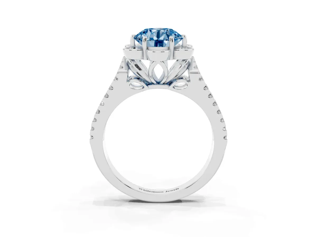 Fancy Blue Round Cut Halo Diamond Floral Split Shank Engagement Ring Silver