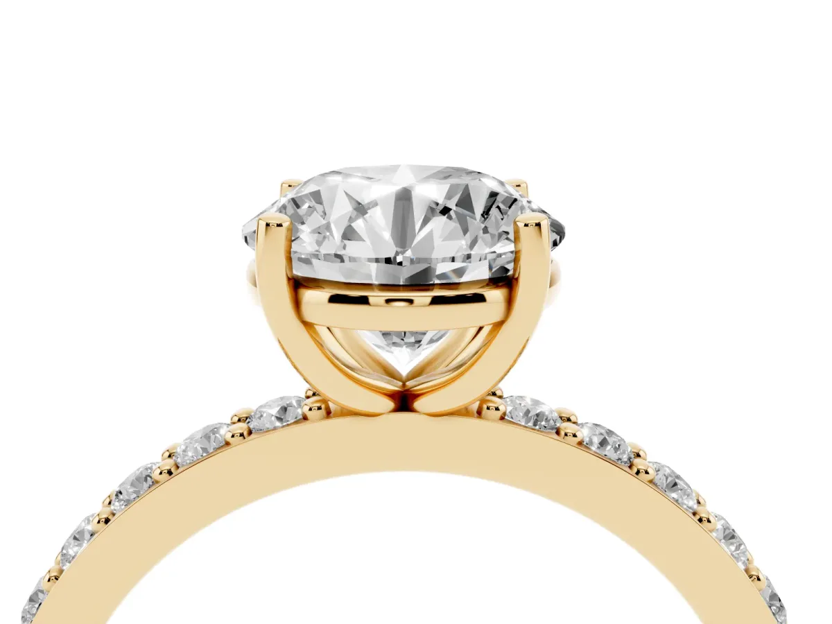 Round Cut Cut Diamond Solitaire with Pave Band and Four-Prong Setting Yellow gold