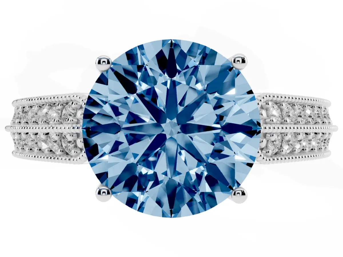 Fancy Blue Round Cut Cut Pave Split Shank Engagement Ring with Four-Prong Setting Platinum