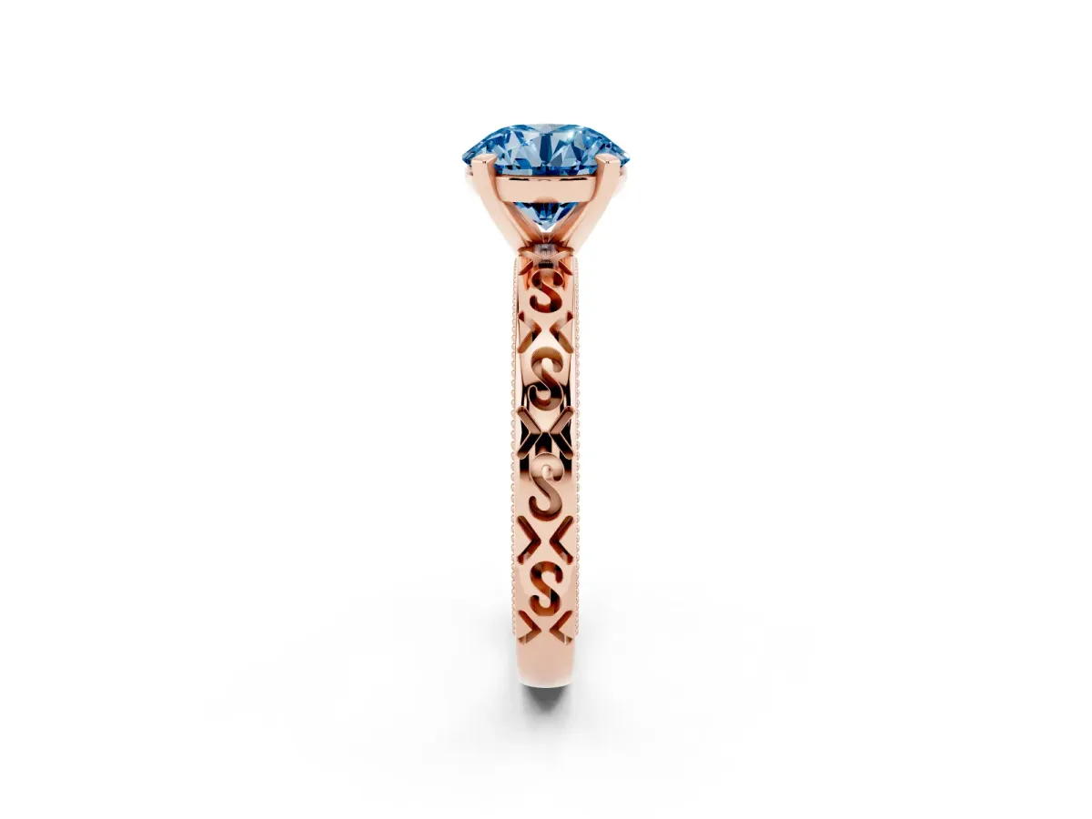 Fancy Blue Round Cut Solitaire Engagement Ring with Scrollwork Band and Four-Prong Setting Rose gold