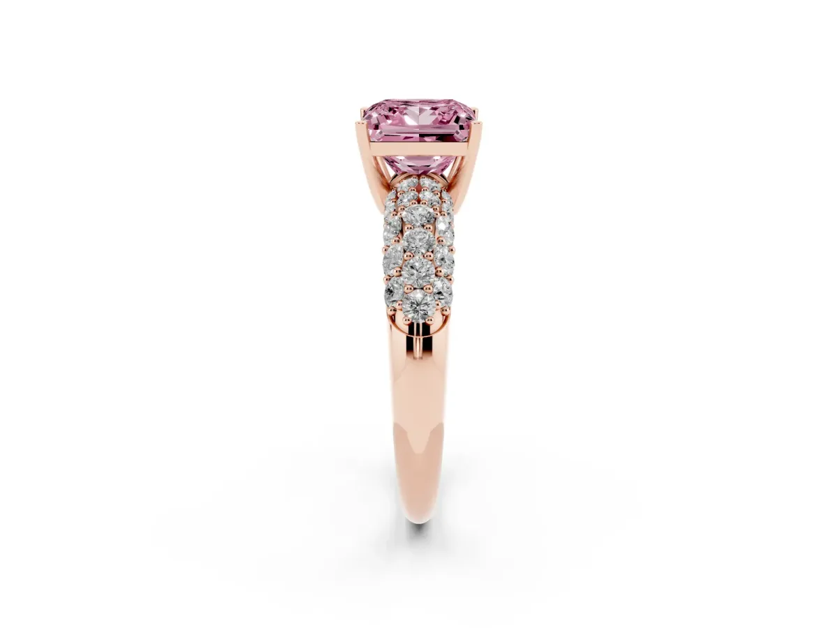 Fancy Pink Princess Cut Diamond Pavé Band Solitaire Ring with Four-Prong Setting Rose gold