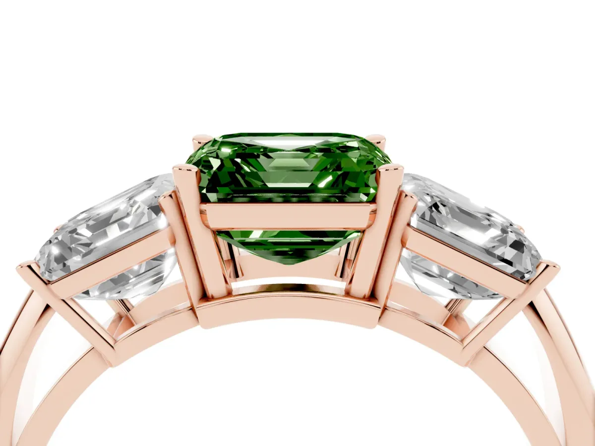 Fancy Green Three-Stone Asscher Cut Cut Diamond Engagement Ring with Prong Setting on a White Gold Band Rose gold