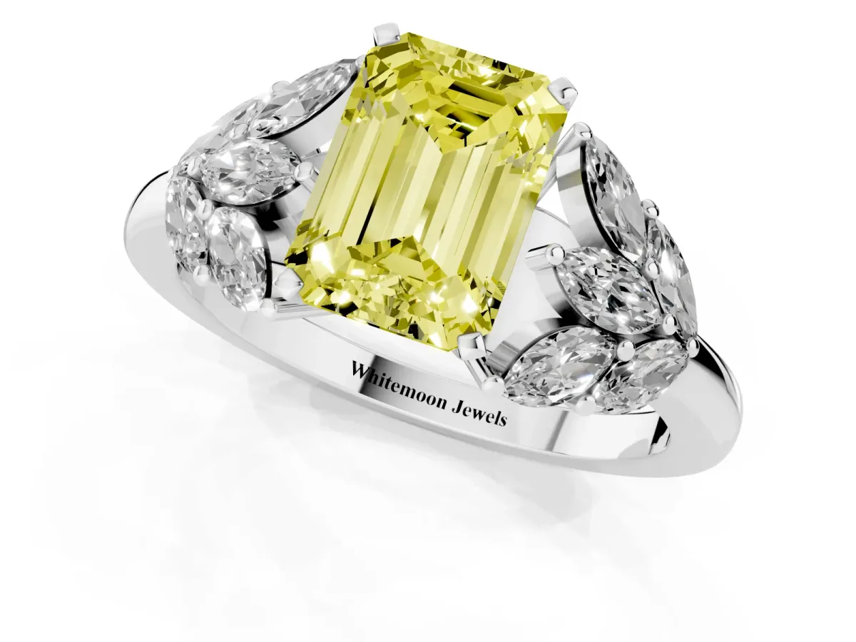 Fancy Yellow Emerald Cut Diamond Cluster Leaf Design Ring with Prong Setting White gold
