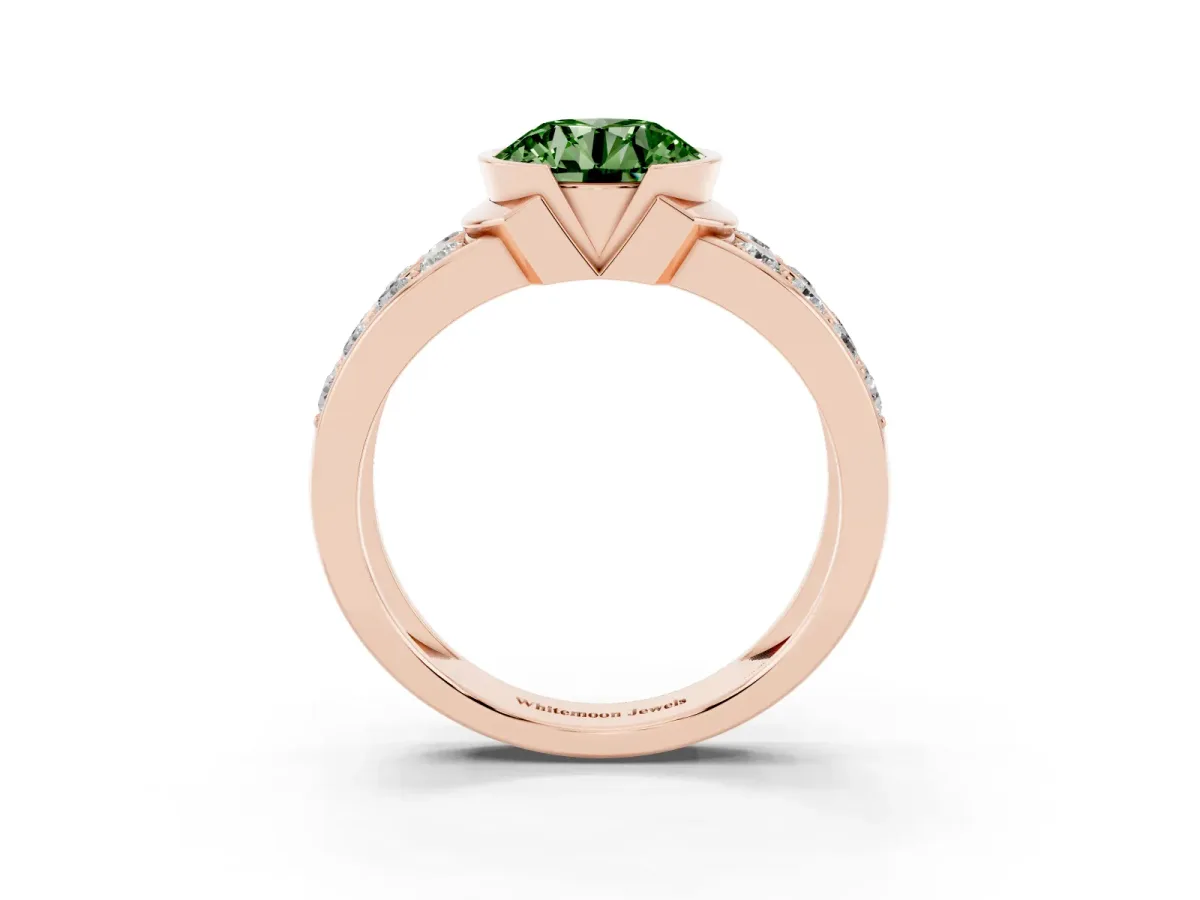 Fancy Green Round Cut Brilliant Diamond Channel Set Wide Band Ring with Bezel Setting Rose gold