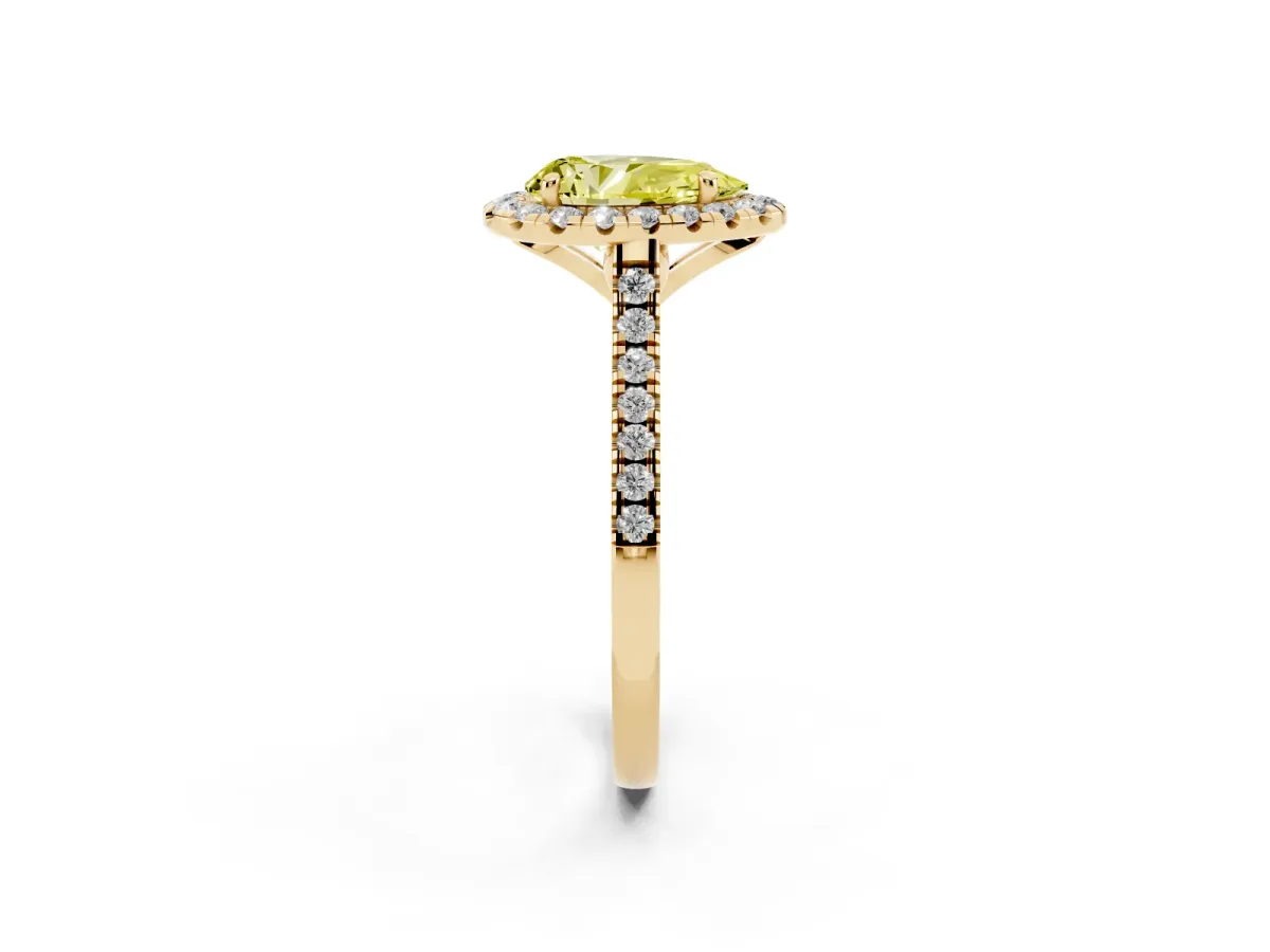 Fancy Yellow Pear Cut Diamond Cushion Halo Ring with Pavé Band Yellow gold