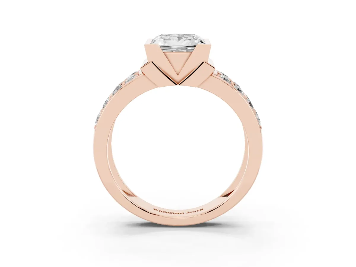 Princess Cut Brilliant Diamond Channel Set Wide Band Ring with Bezel Setting Rose gold