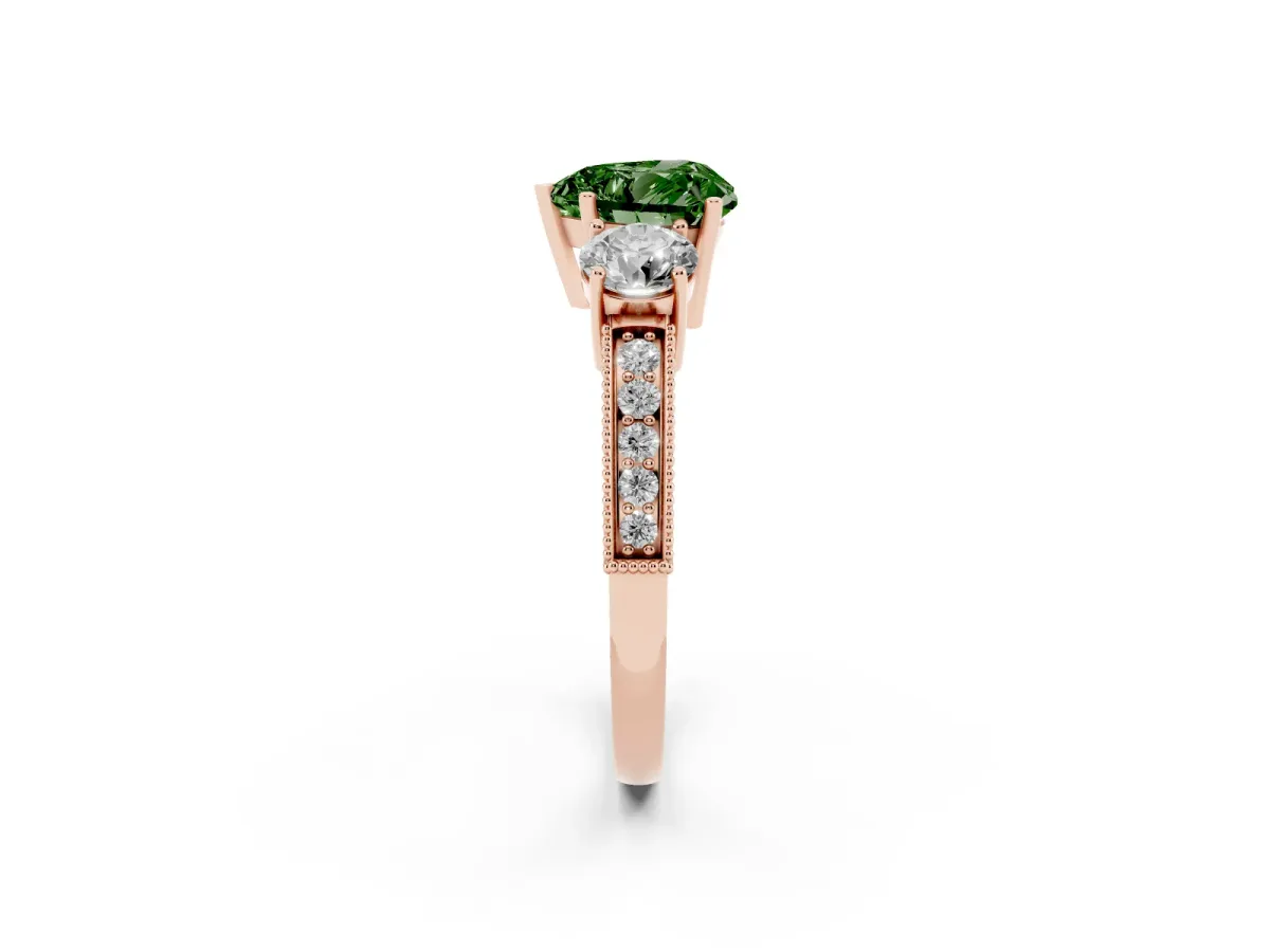 Fancy Green Heart Cut Three-Stone Diamond Ring with Pavé Band and Four-Prong Setting Rose gold