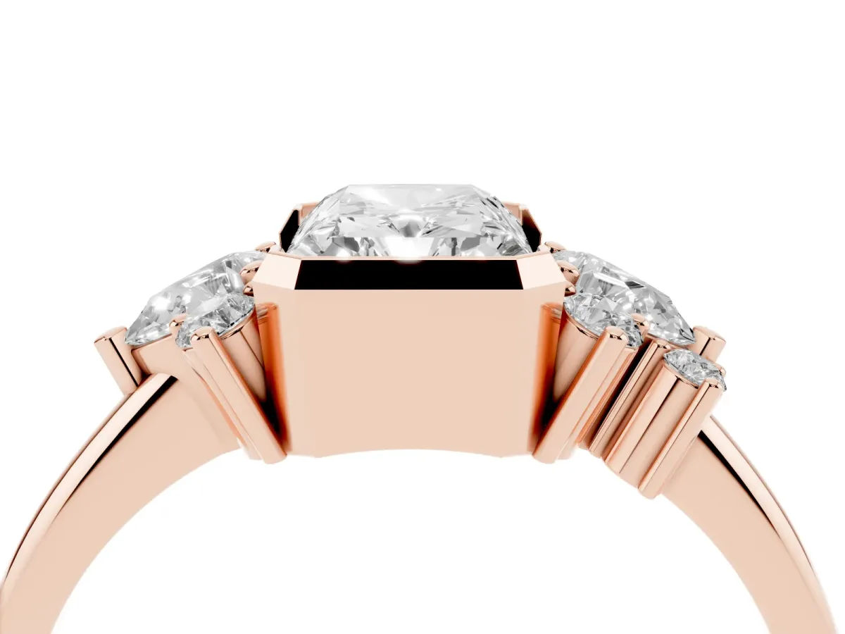 Radiant Diamond Engagement Ring with Pear and Round Side Stones Rose gold