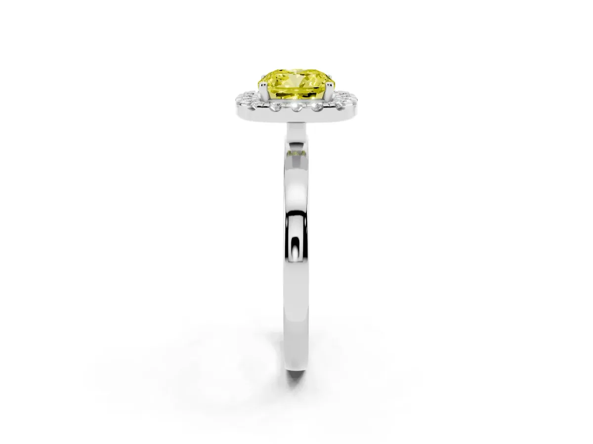 Fancy Yellow Cushion Cut Halo Diamond Solitaire with Pavé Band and Four-Prong Setting White gold