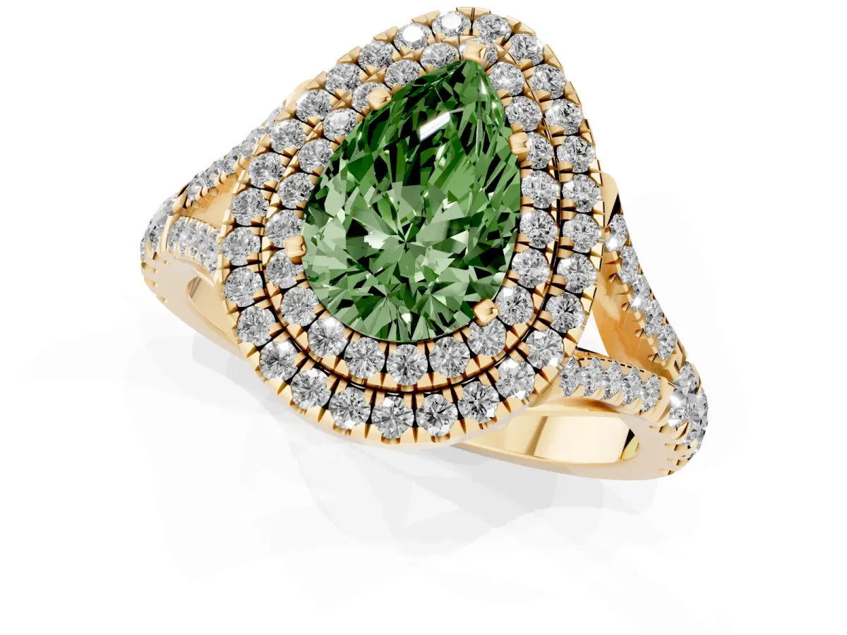Fancy Green Pear Cut Diamond Double Halo Ring with Split Shank and Prong Setting Yellow gold
