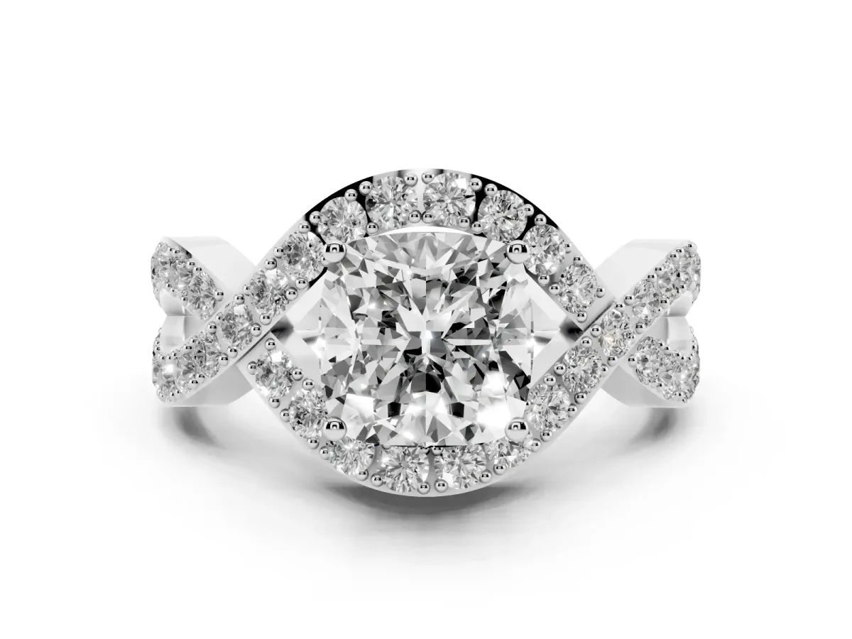 Cushion Cut Solitaire Twist Band Pavé Diamond Engagement Ring Silver