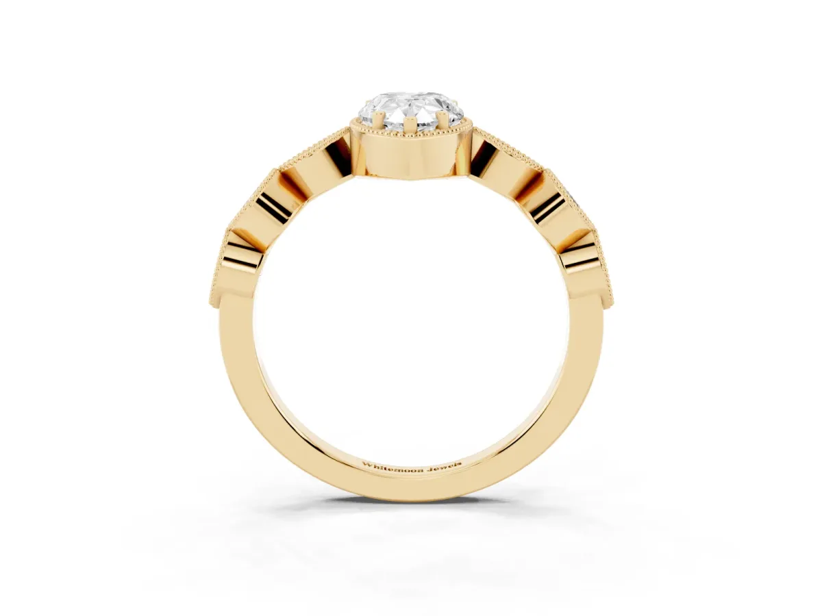 Pear Cut Diamond Vintage Milgrain Ring with Round Stations Yellow gold