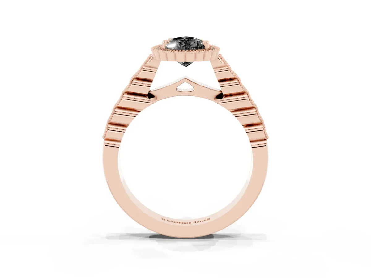 Fancy Black Pear Cut Cut Halo Pavé Solitaire Ring with Milgrain Band Rose gold