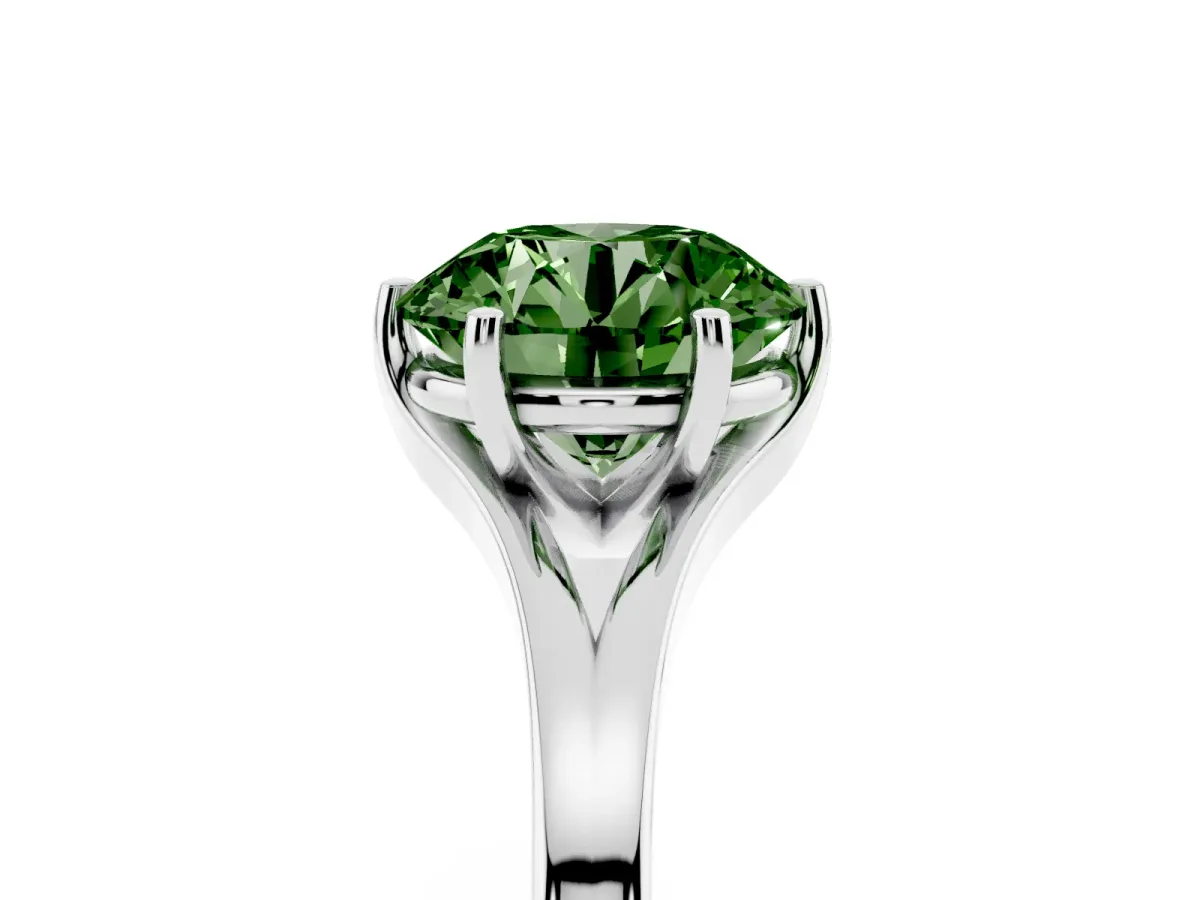 Fancy Green Round Cut Solitaire Diamond Ring with Six-Prong Setting and Tapered Band Silver