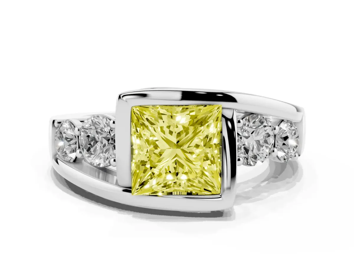 Fancy Yellow Bezel Set Princess Cut Diamond Bypass Ring with Round Accents Silver