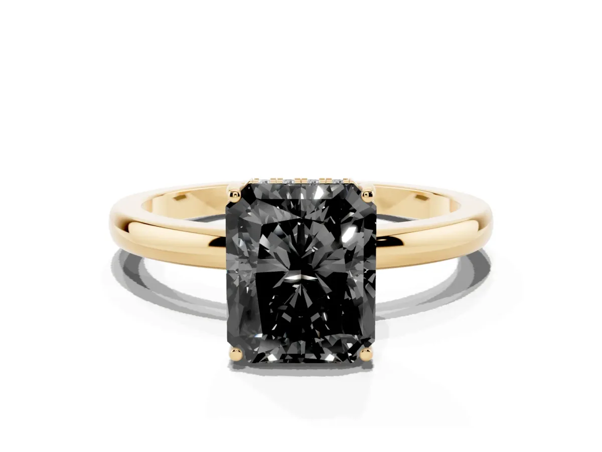 Fancy Black Radiant Cut Solitaire Diamond Ring with Prong Setting and Plain Band Yellow gold