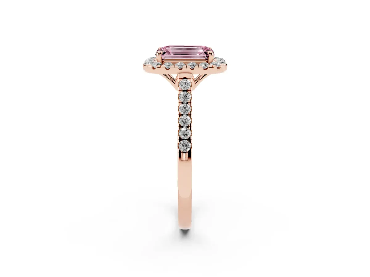 Fancy Pink Emerald Cut Halo Pavé Diamond Engagement Ring with Four-Prong Setting Rose gold