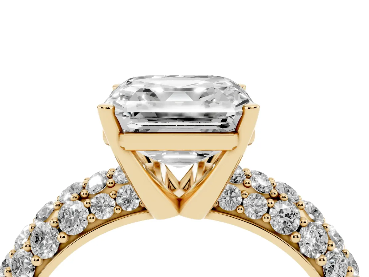 Asscher Cut Diamond Pavé Band Solitaire Ring with Four-Prong Setting Yellow gold