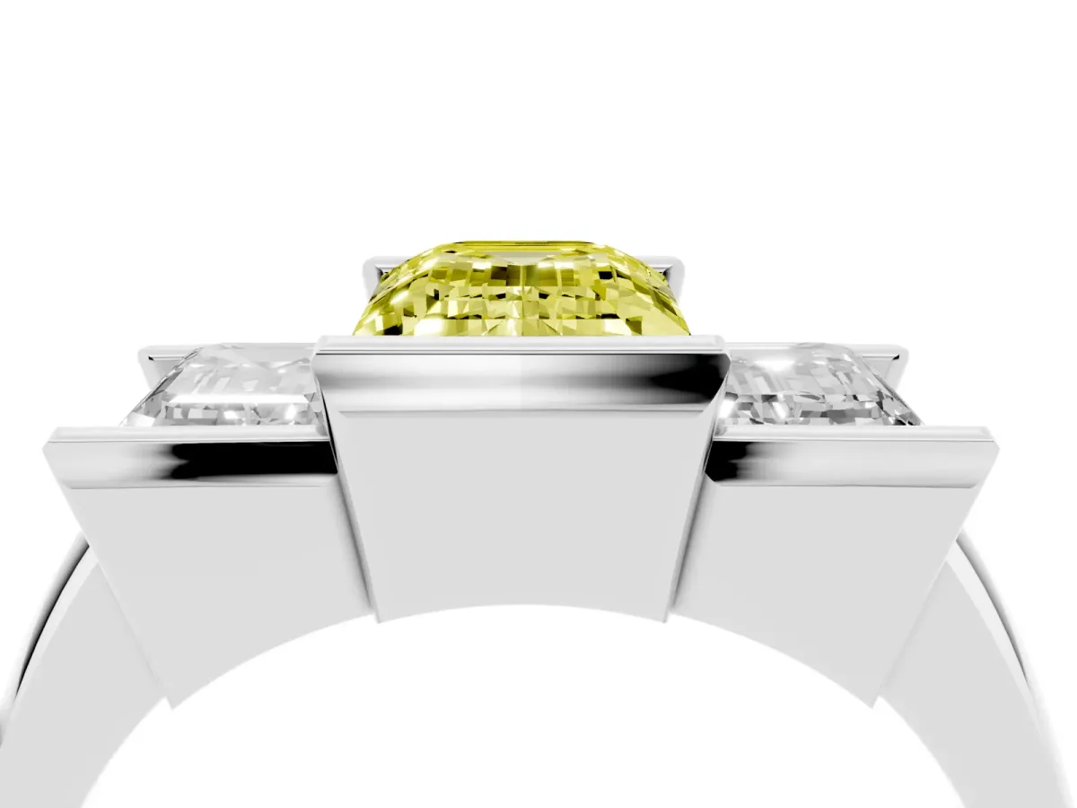 Fancy Yellow Three Stone Emerald Cut Cut Channel Set Diamond Ring Platinum