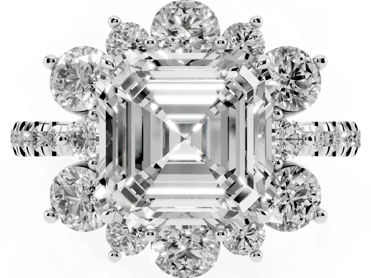 Asscher Cut Diamond Floral Halo Ring with Round Pavé Band and Prong Setting White gold