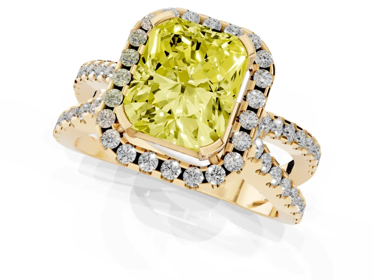 Fancy Yellow Radiant Cut Diamond Halo Ring with Split Shank Pavé Band and Prong Setting Yellow gold