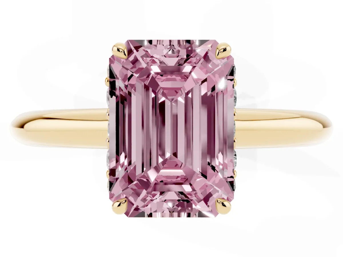 Fancy Pink Emerald Cut Brilliant Solitaire Engagement Ring with Six-Prong Setting and Classic Band Yellow gold