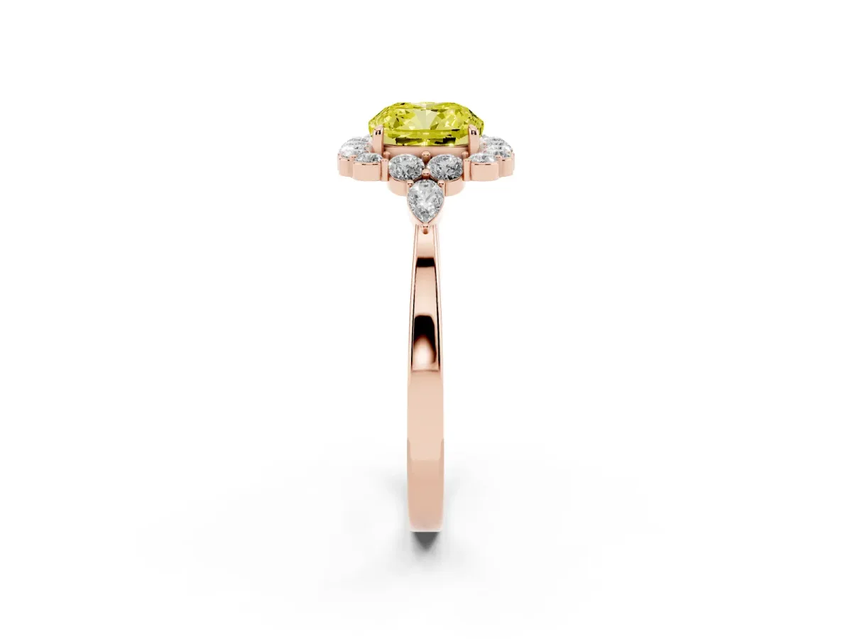 Fancy Yellow Cushion Cut Diamond Halo Ring with Pear Side Stones and Prong Setting Rose gold