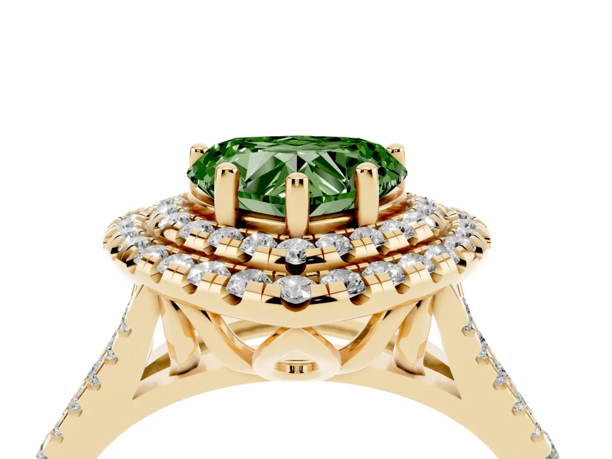 Fancy Green Double Halo Heart Cut Diamond Pavé Split Shank Ring with Prong Setting Yellow gold