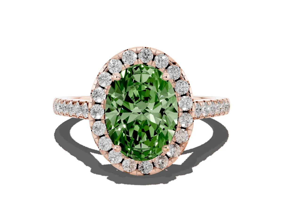 Fancy Green Oval Cut Halo Pavé Diamond Engagement Ring with Four-Prong Setting Rose gold