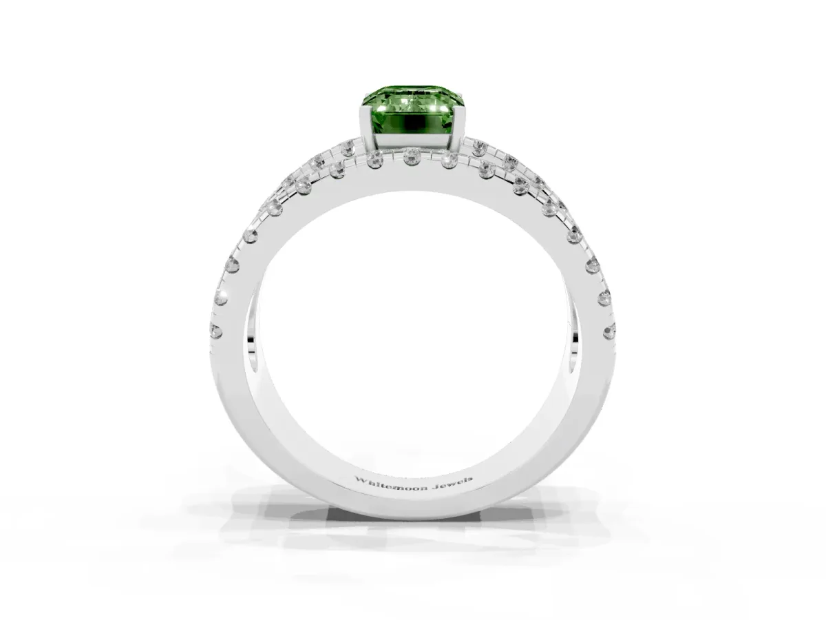 Fancy Green Emerald Cut Solitaire Split Shank Pave Diamond Ring Silver