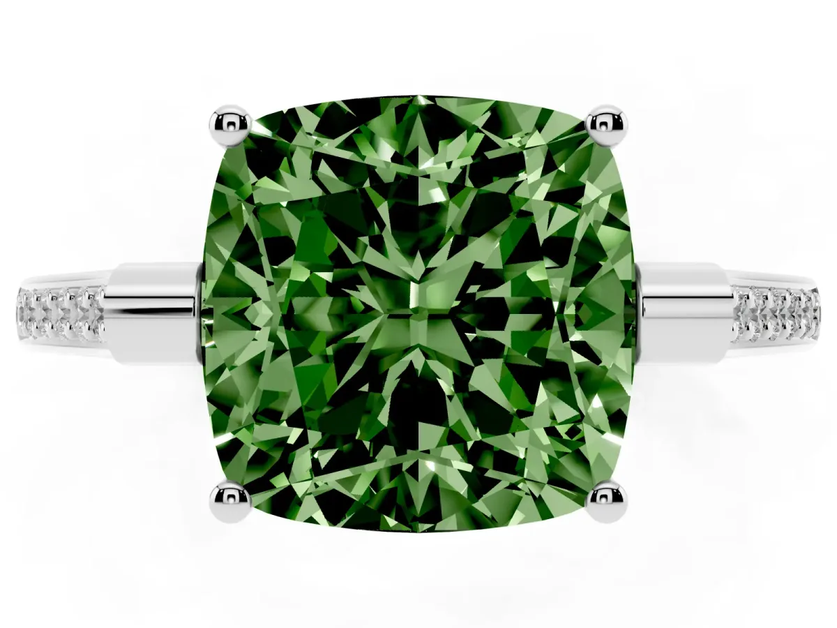 Fancy Green Cushion Cut Solitaire Diamond Ring with Channel Set Band and Bezel Prong Setting Silver