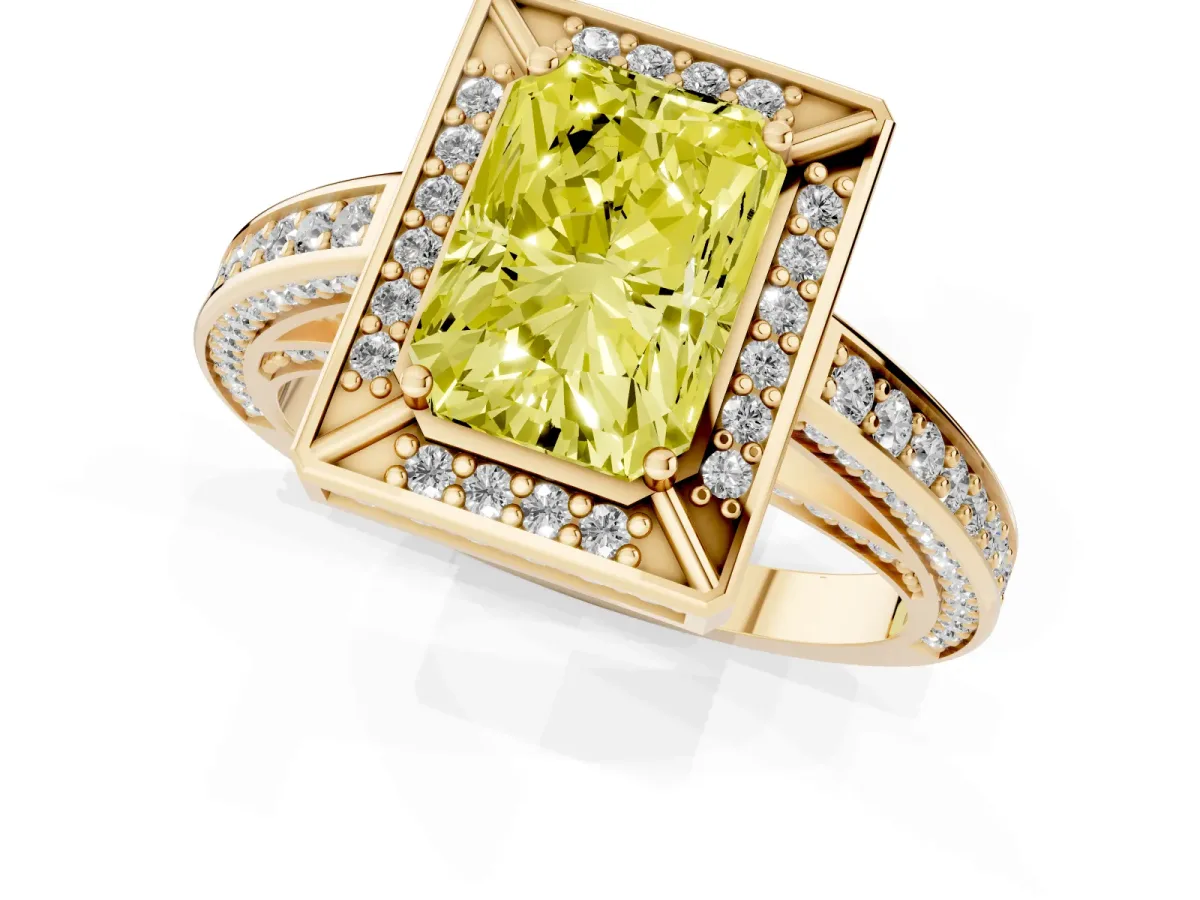 Fancy Yellow Radiant Cut Cut Halo Pave Split Shank Prong Setting Ring Yellow gold