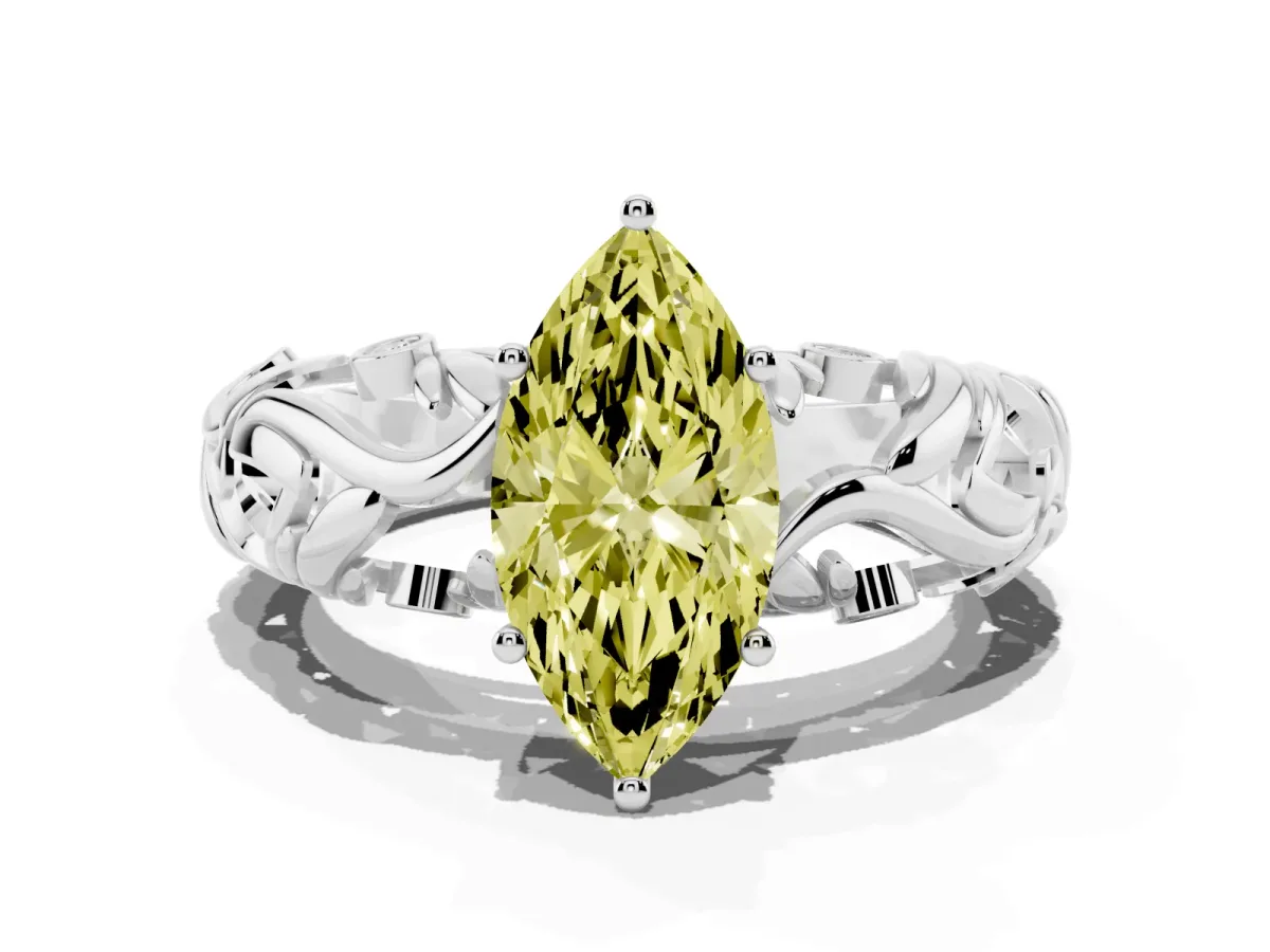 Fancy Yellow Marquise Cut Solitaire Diamond Leaf-Inspired Vine Band Ring with Prong Setting Silver