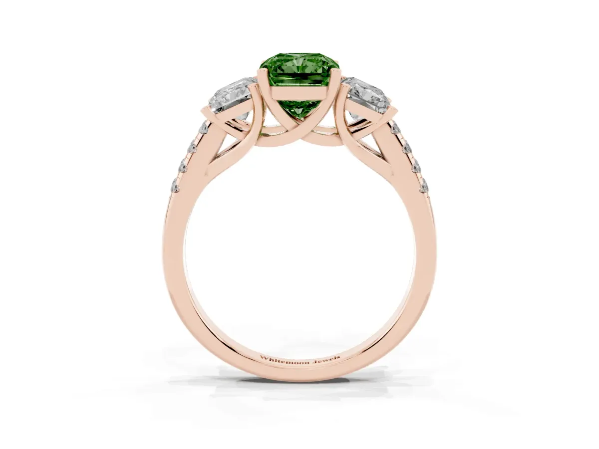 Fancy Green Three-Stone Radiant Cut Diamond Ring with Round Pavé Band and Prong Setting Rose gold