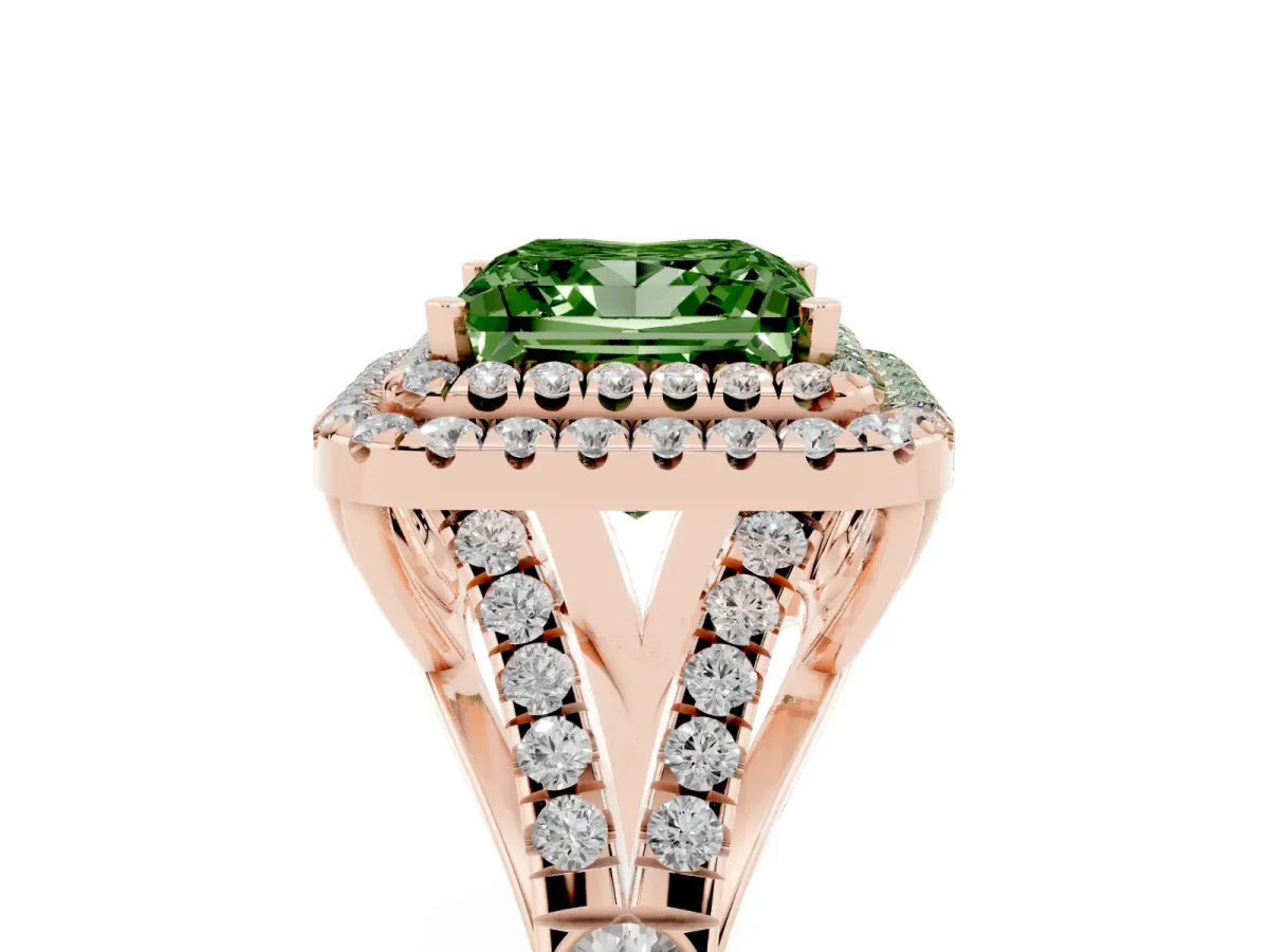 Fancy Green Princess Cut Diamond Pavé Split Shank Double Halo Engagement Ring Rose gold