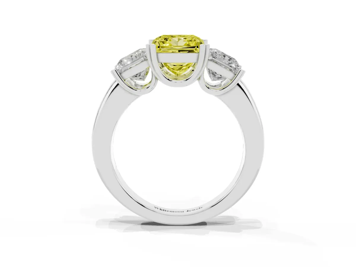 Fancy Yellow Three-Stone Princess Cut Cut Diamond Ring with Channel Set Band and Four-Prong Setting White gold
