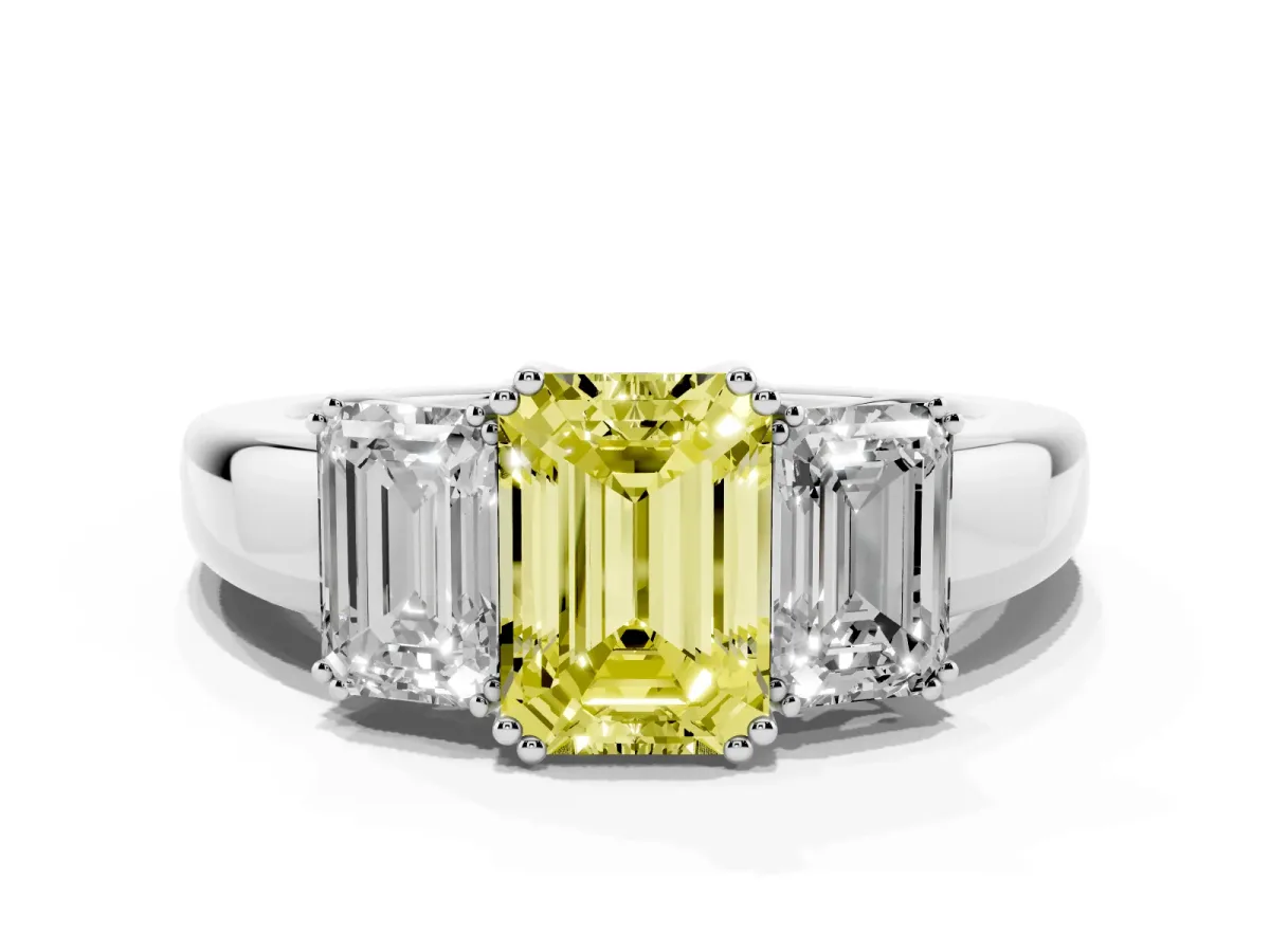 Fancy Yellow Three-Stone Emerald Cut Cut Diamond Ring with Channel Set Band and Four-Prong Setting White gold