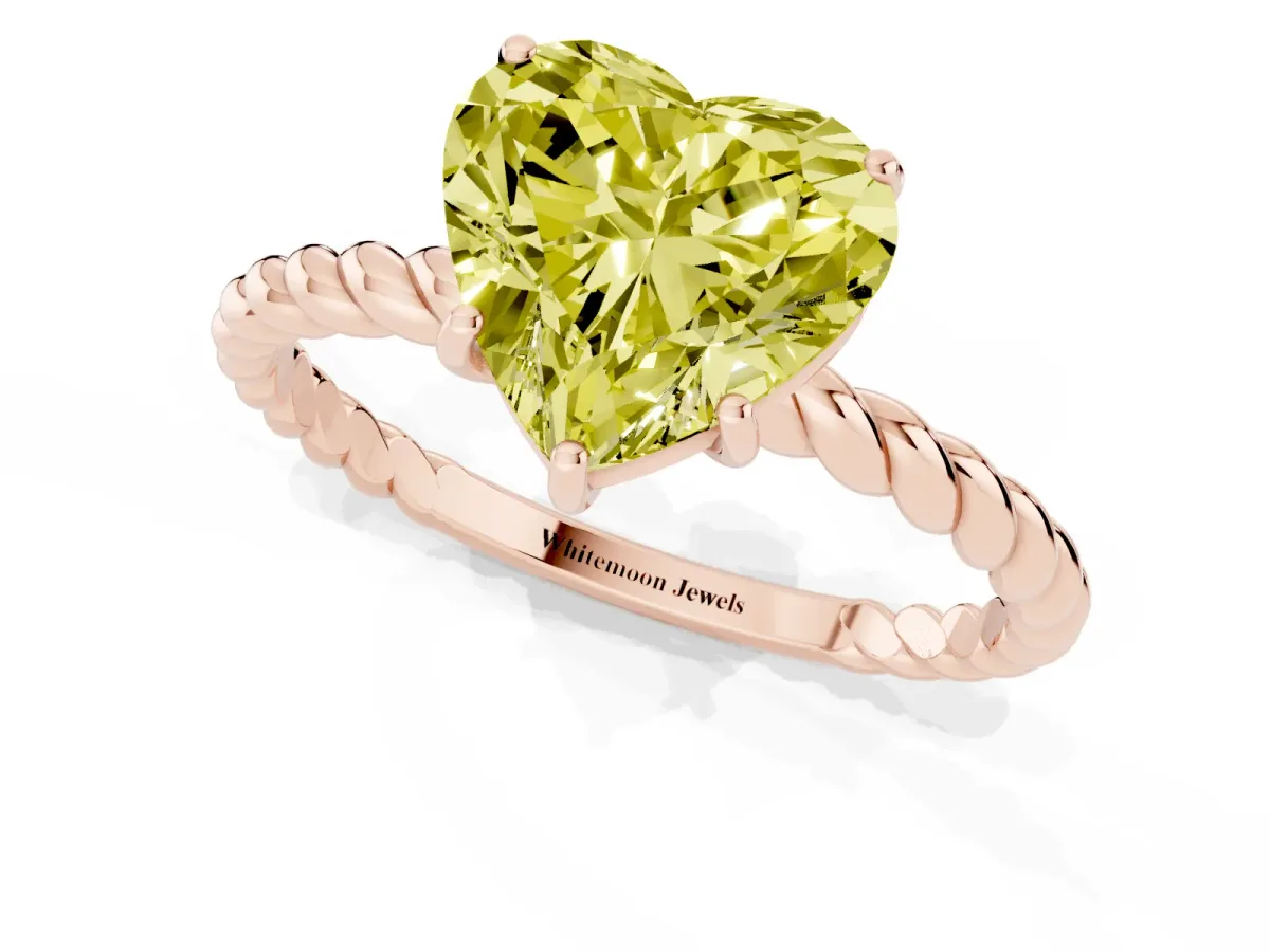 Fancy Yellow Heart Cut Solitaire Twist Band Ring with Four-Prong Setting Rose gold