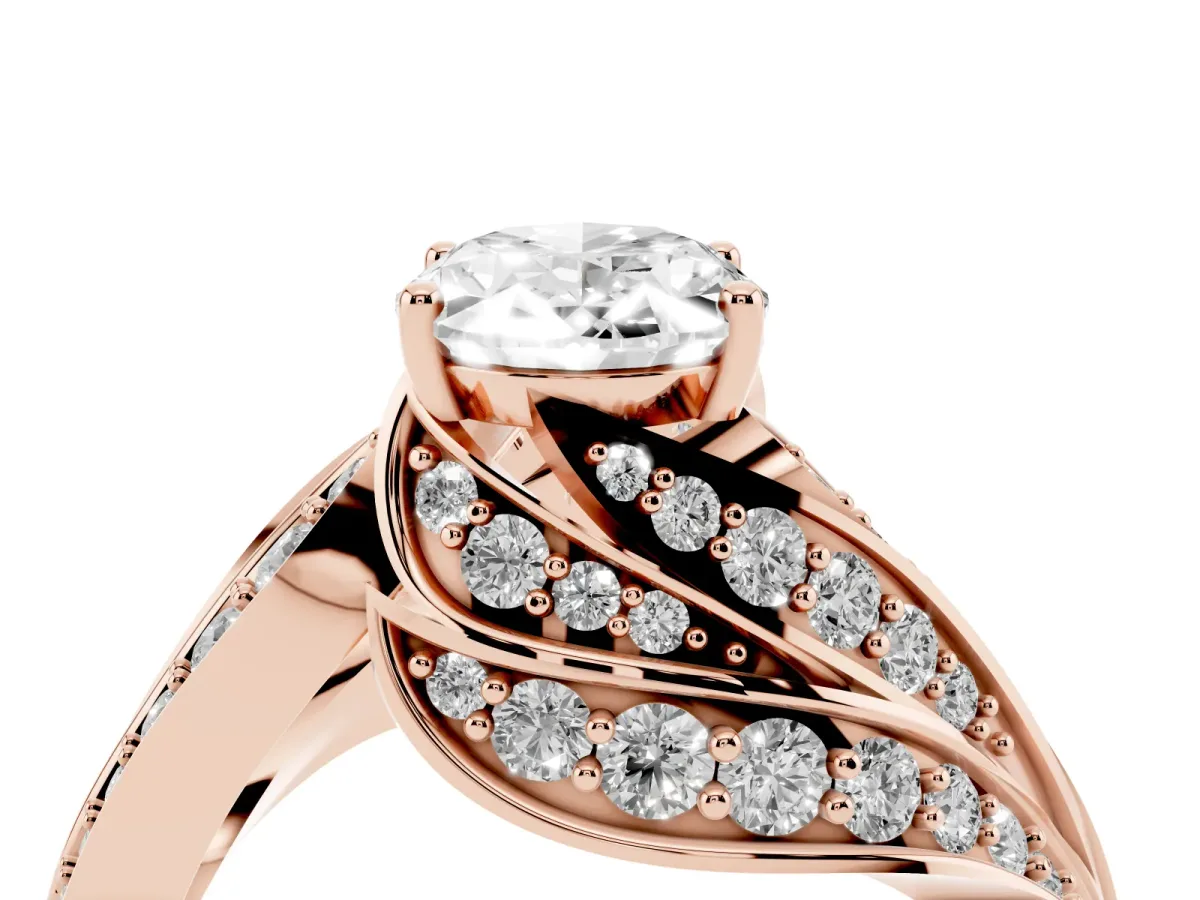 Oval Cut Diamond Solitaire Ring with Prong Setting and Twisted Pavé Band Rose gold