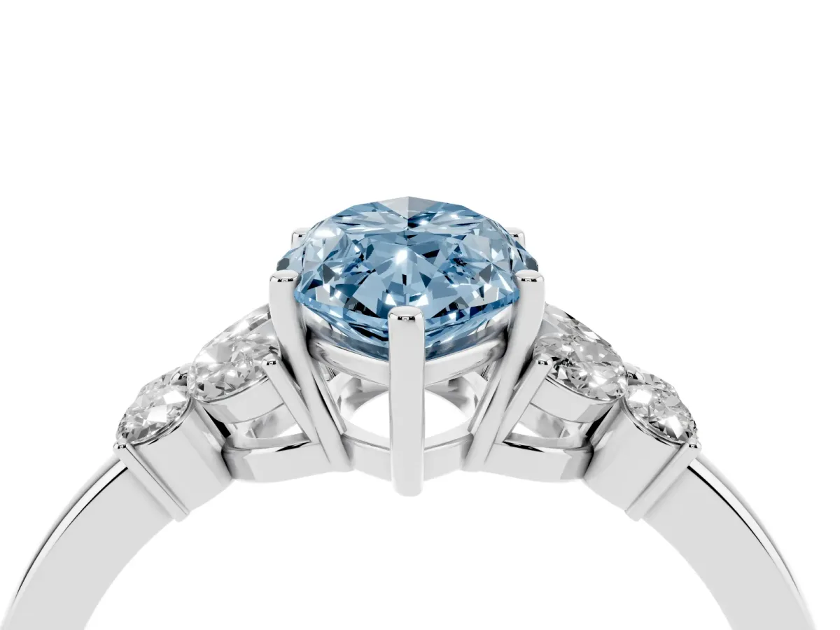 Fancy Blue Marquise Cut Cut Solitaire Floral Diamond Ring with Four-Prong Setting Silver