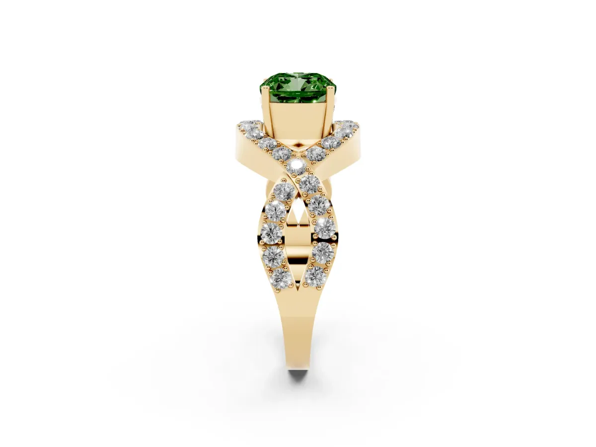 Fancy Green Cushion Cut Solitaire Twist Band Pavé Diamond Engagement Ring Yellow gold